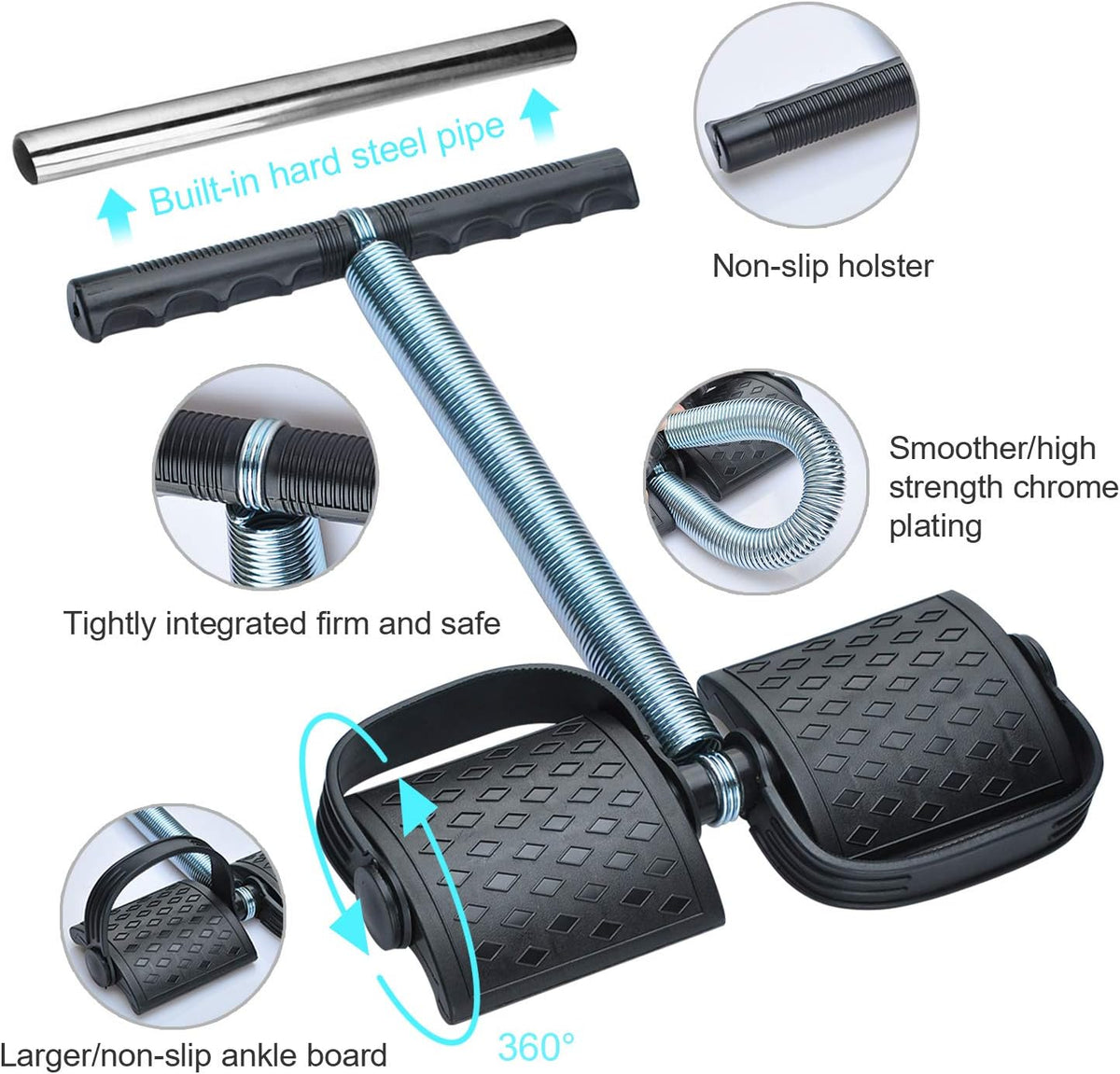 Detail panel: built-in hard steel tube, non-slip holster, chrome plating and a large non-slip ankle board.