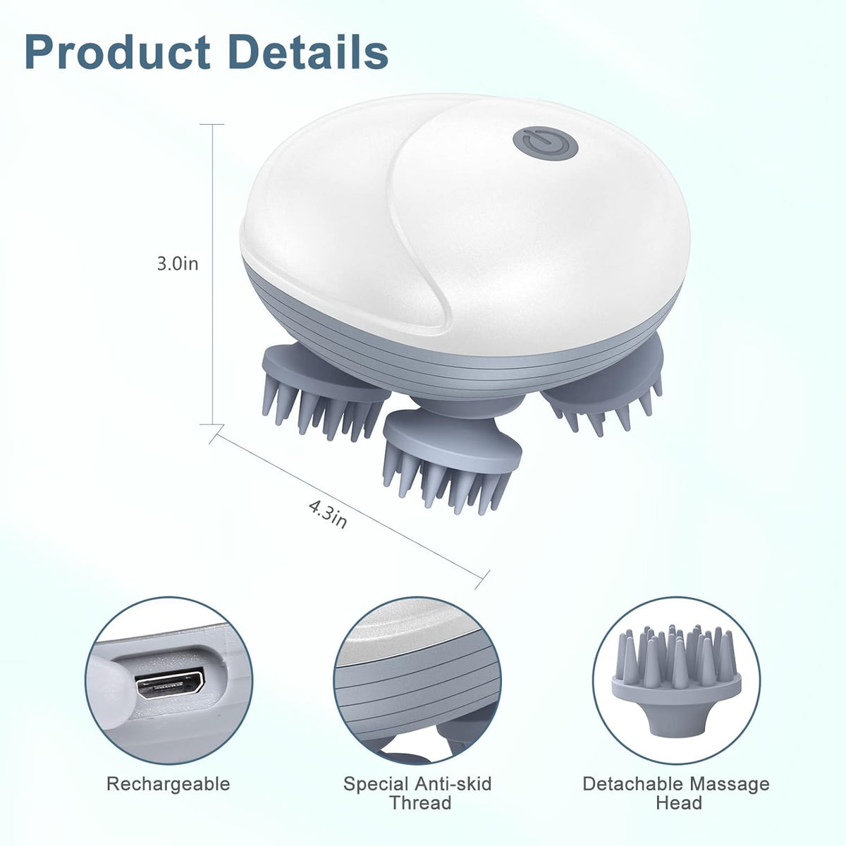 Product details panel: rechargeable, spiral anti-skid thread and detachable massage head.