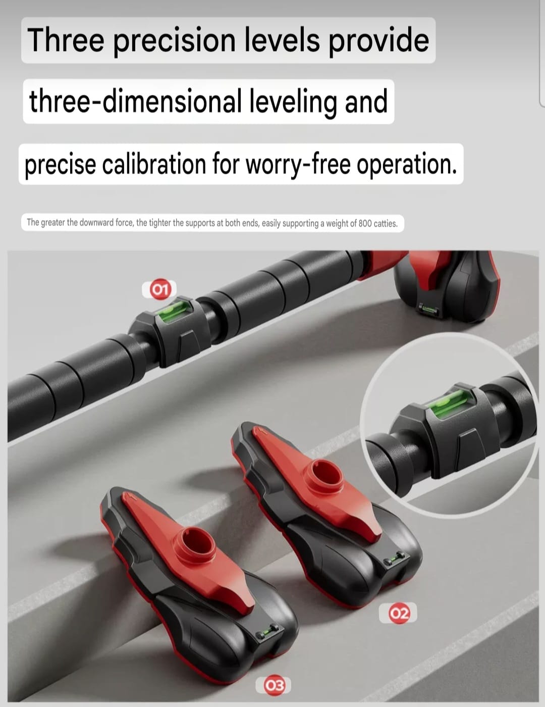 Feature panel: three spirit levels on the bar and on both foot plates give three-dimensional levelling when you install it.