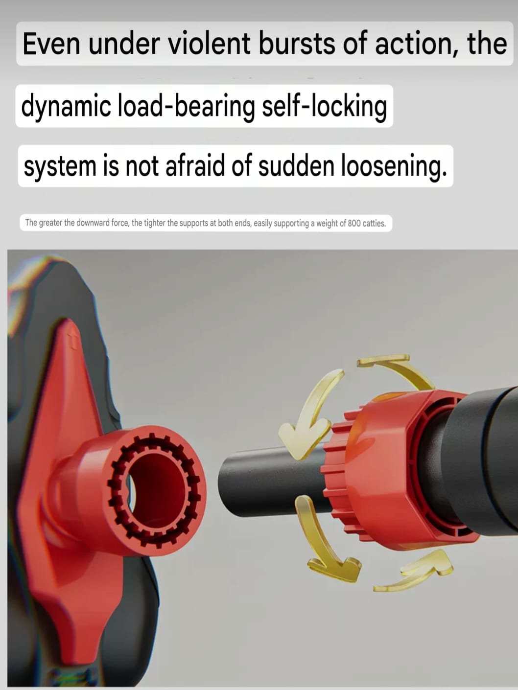 Feature panel: close-up of the red rotary locking collar, a load-bearing self-locking system that does not shake loose under sudden movement.