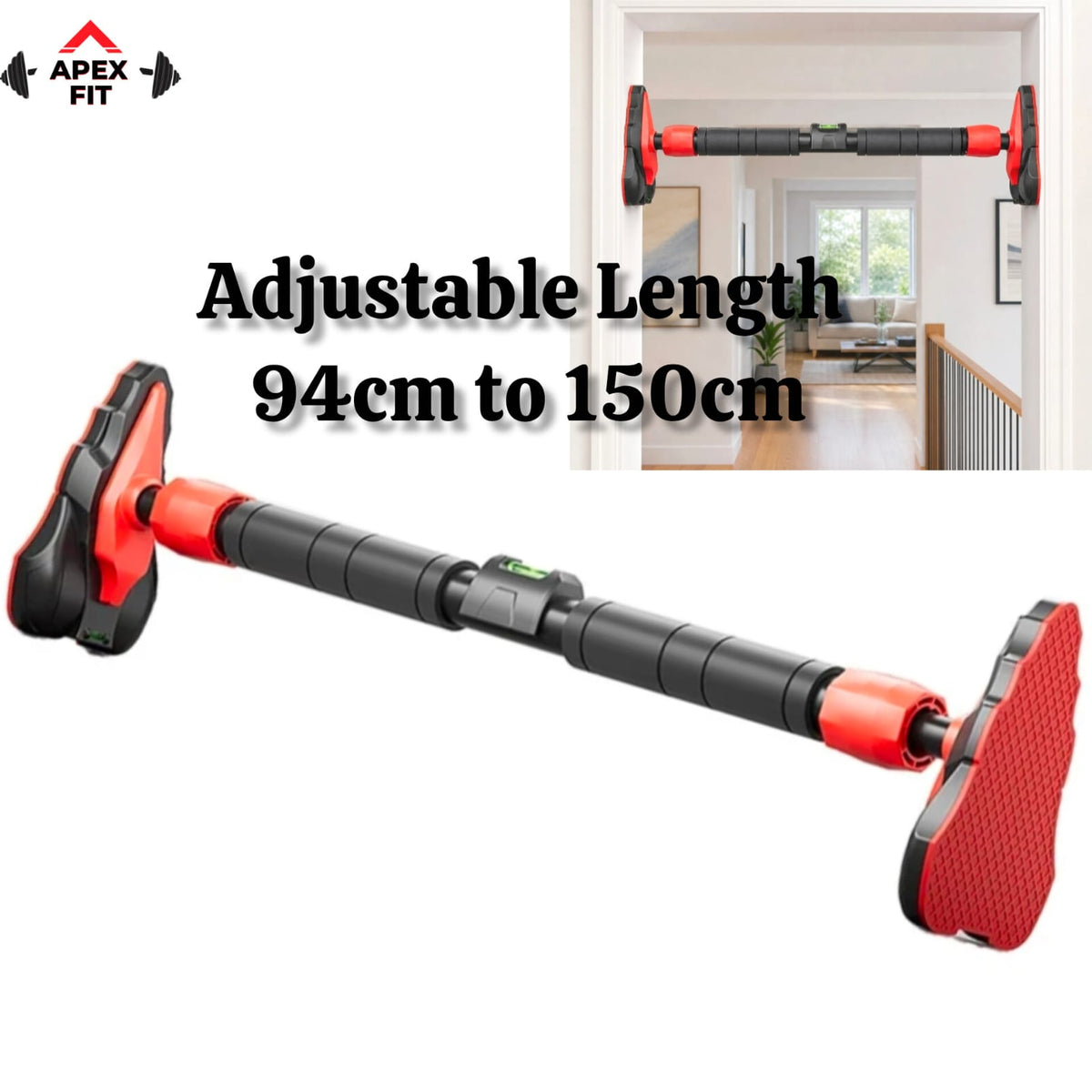 Model 5 of the Apex Fit pull-up bar, adjustable in length from 96 cm to 150 cm, shown against a white background and fitted in a doorway.