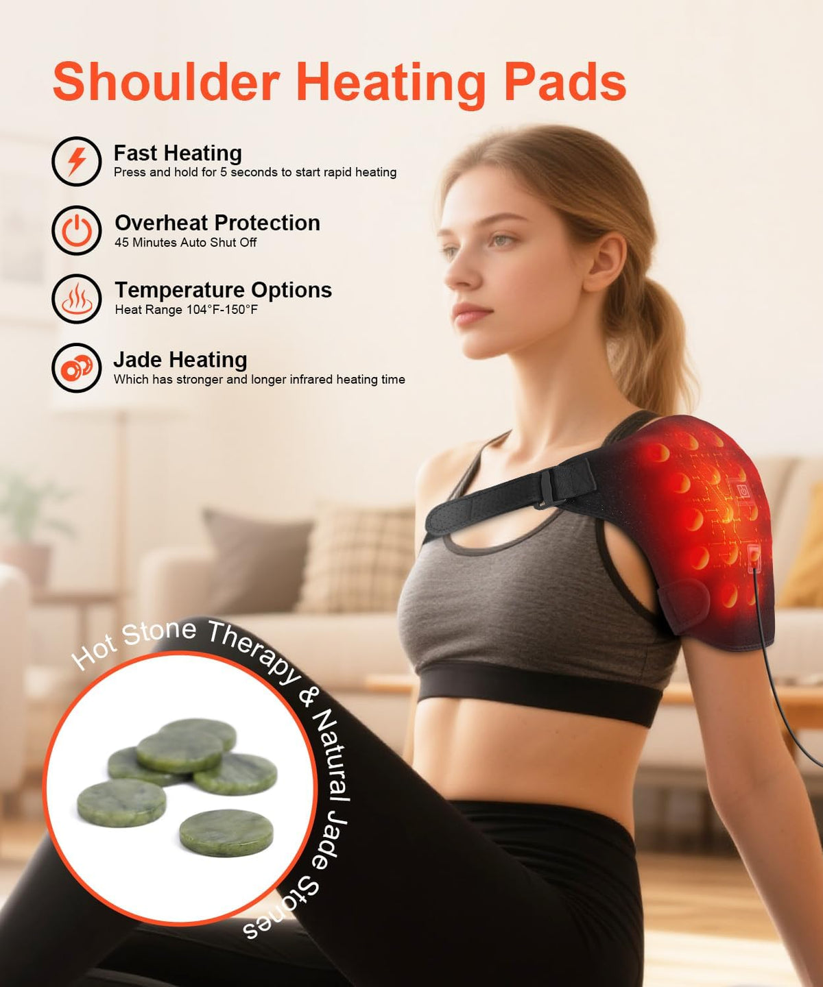 Shoulder heating pad panel: fast heating, overheat protection, temperature options and a jade stone.