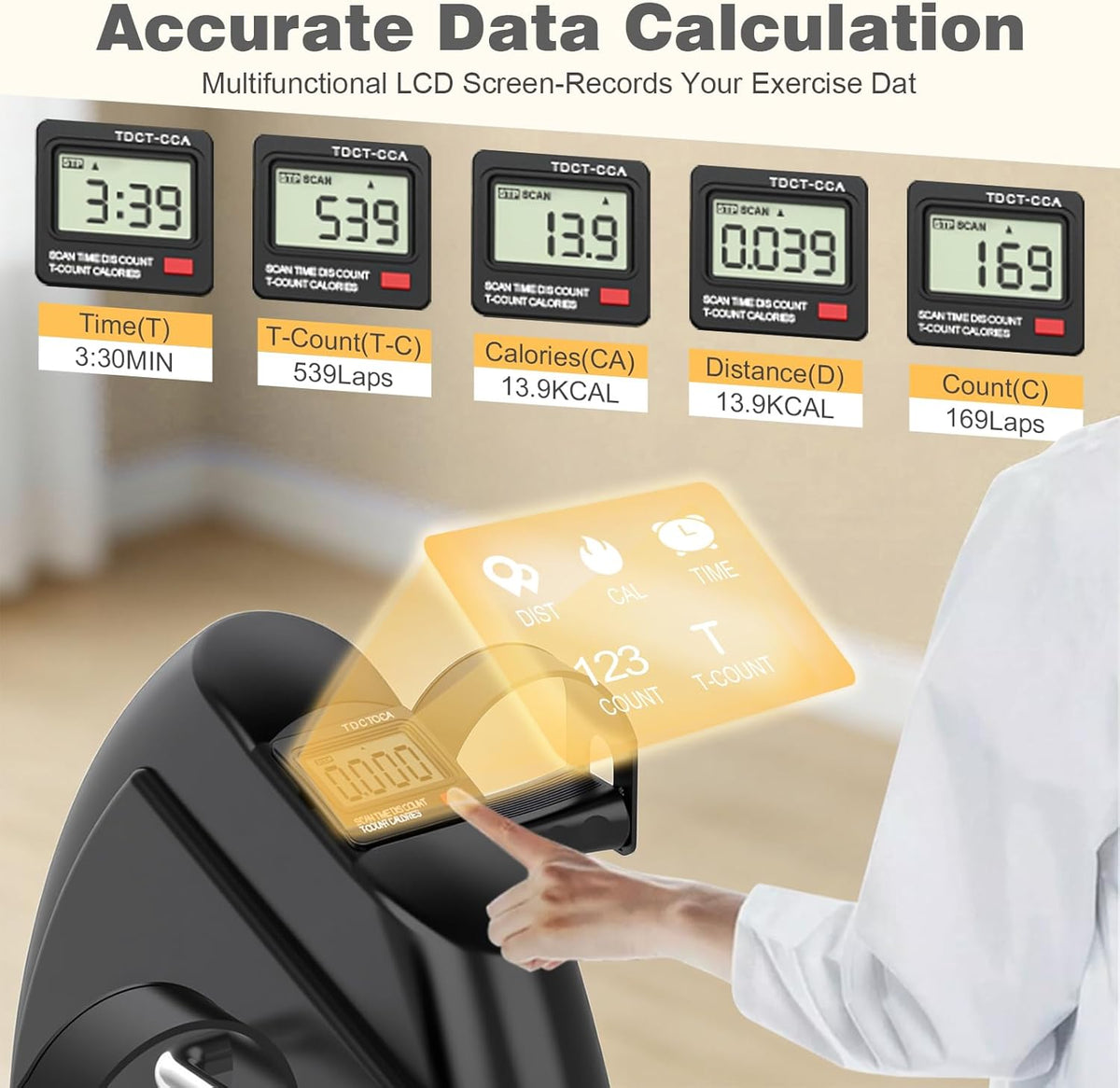 Accurate data calculation panel: the LCD screen records time, count, calories, distance and speed.