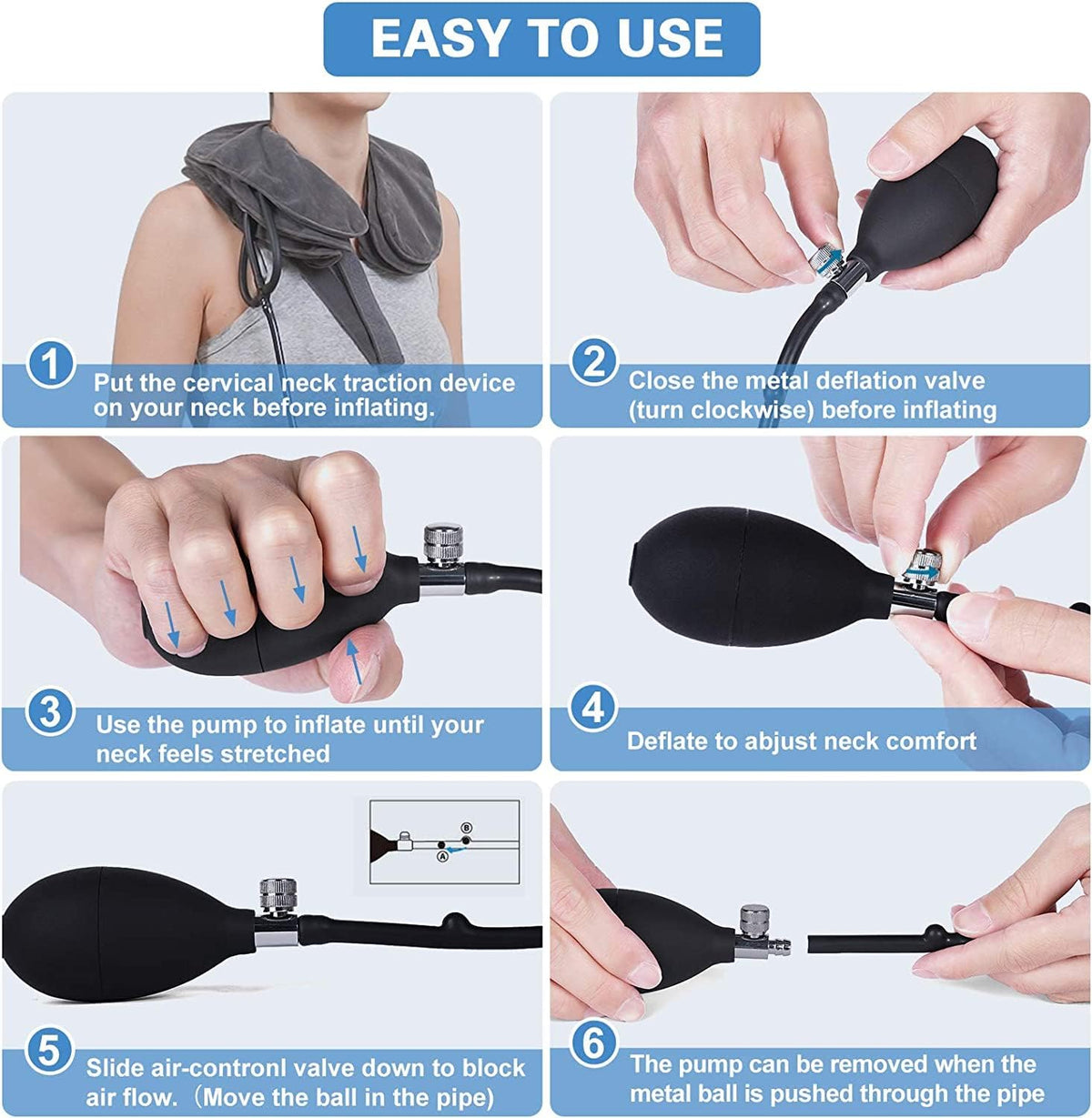 Easy to use panel: place the collar around the neck, inflate with the pump, adjust and remove.