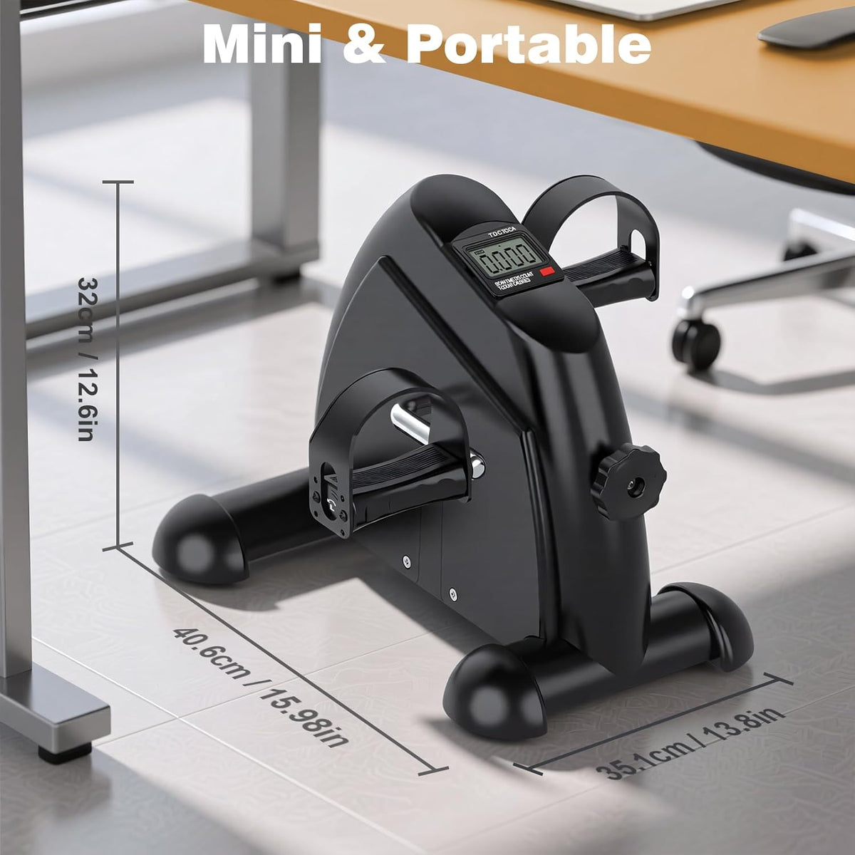 Mini and portable panel showing the small footprint of the digital mini exercise bike.