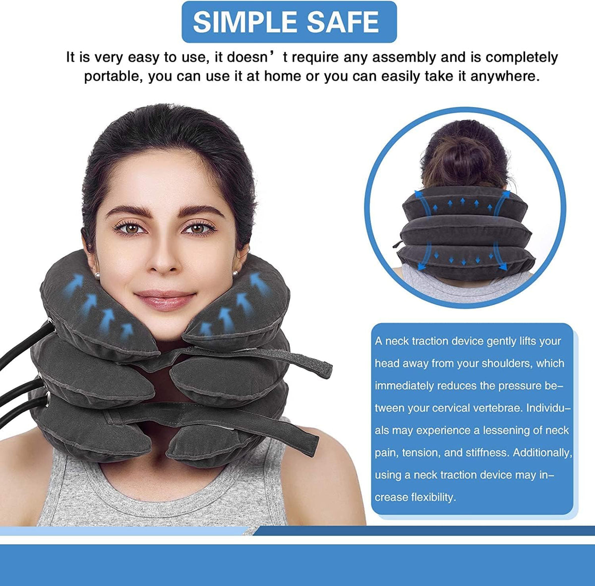 Simple and safe panel: the inflatable neck traction collar needs no assembly and packs away.