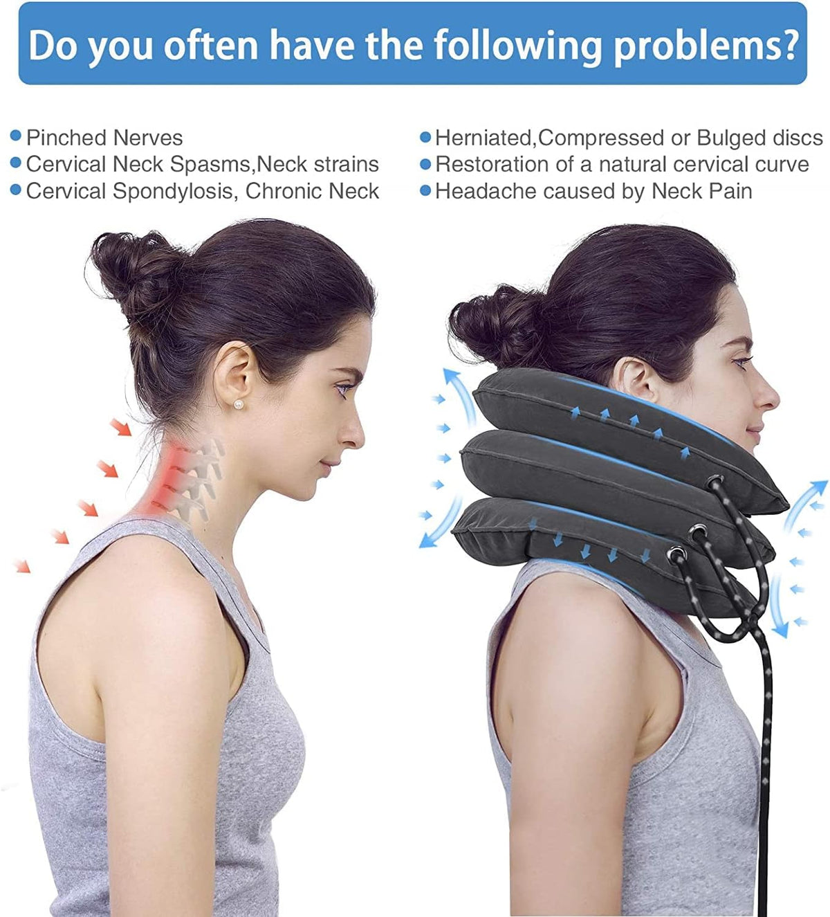 Problem panel listing pinched nerves, cervical spondylosis, neck spasms and headaches.