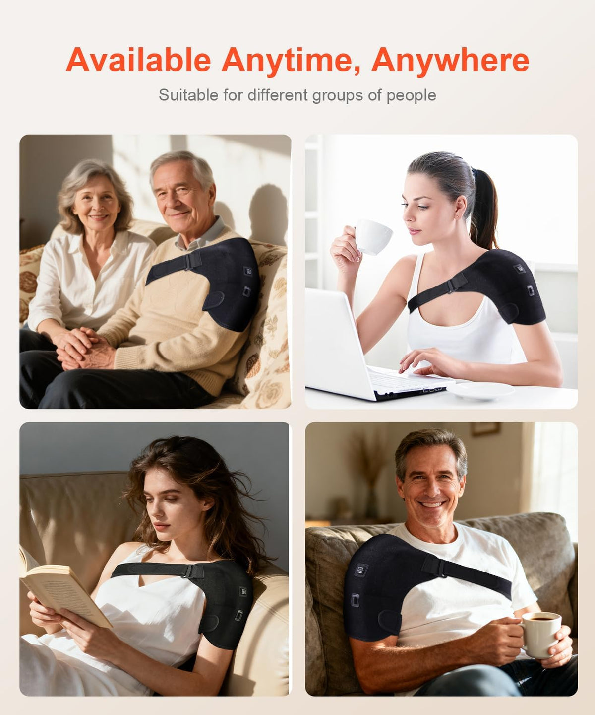 Available anytime, anywhere panel: the heated shoulder wrap worn by different people.