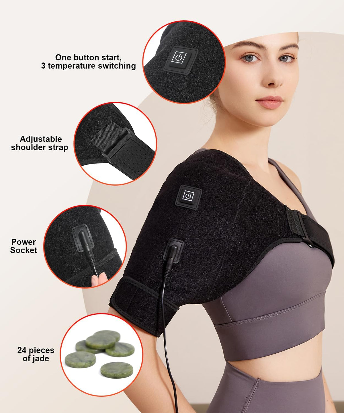Adjustable shoulder strap and power socket detail on the heated shoulder wrap.