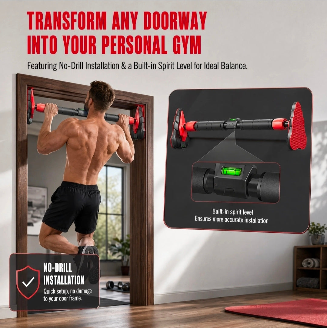 A man doing a pull-up on the bar in a doorway, with a close-up of the built-in green spirit level and a no-drill installation badge.