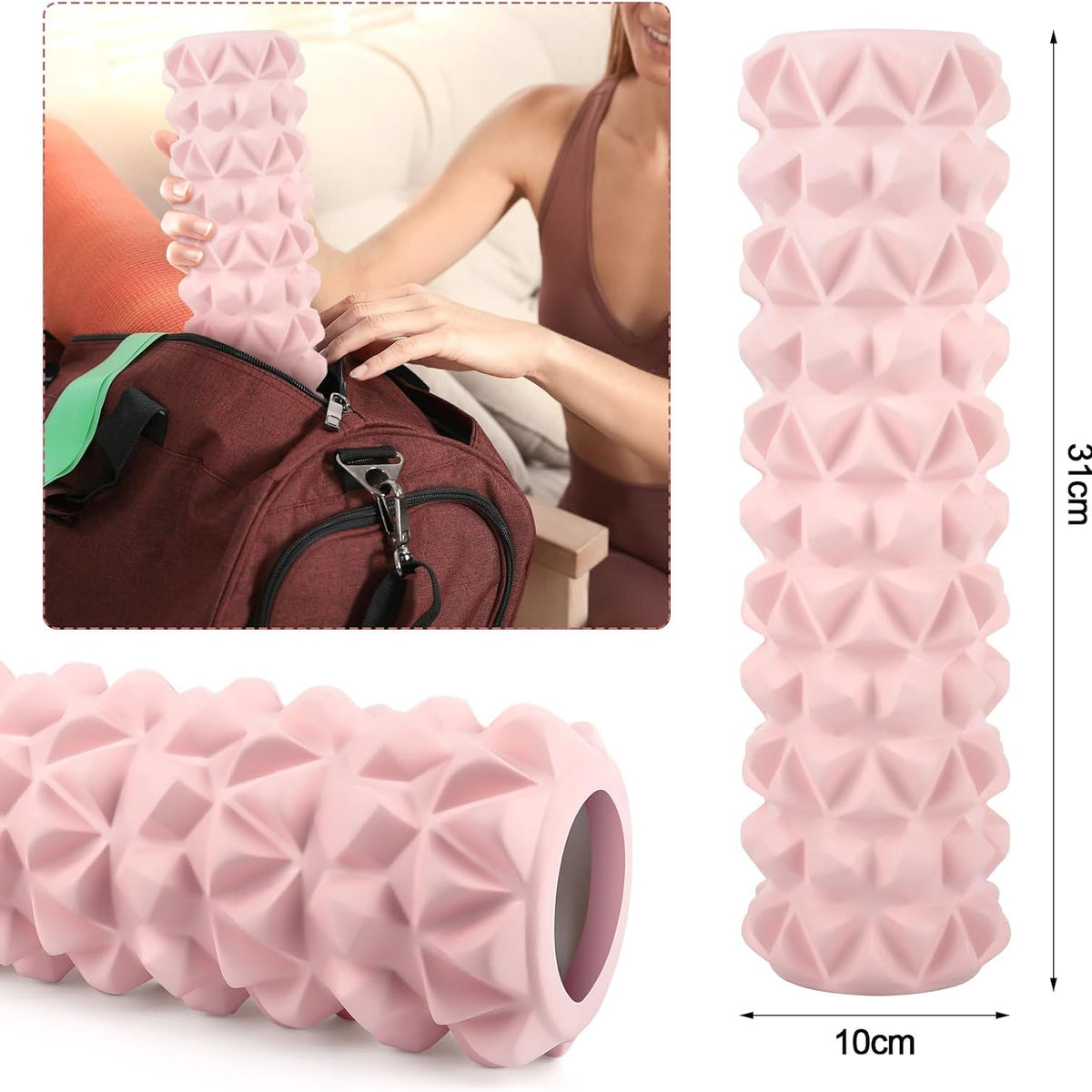 Trigger point foam roller, short size, shown fitting in a gym bag