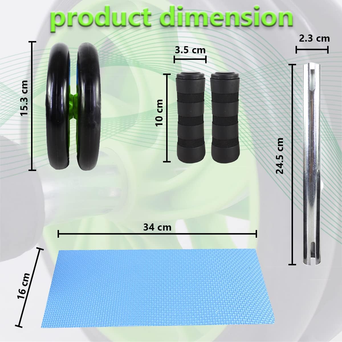 Dual wheel ab roller measurements, shown with the knee mat and handle sizes