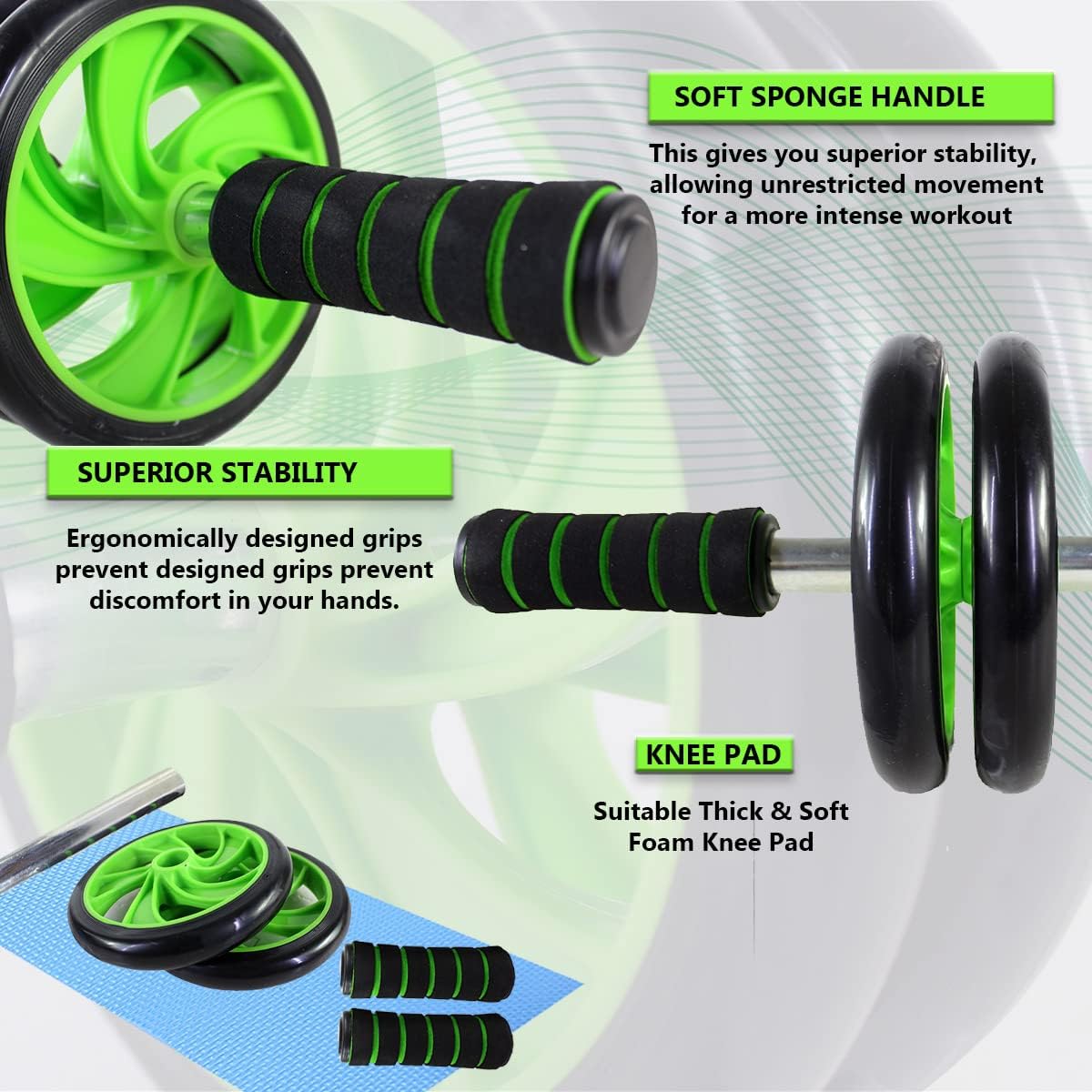 Dual wheel ab roller: soft sponge handles, ergonomic grips and the foam knee pad