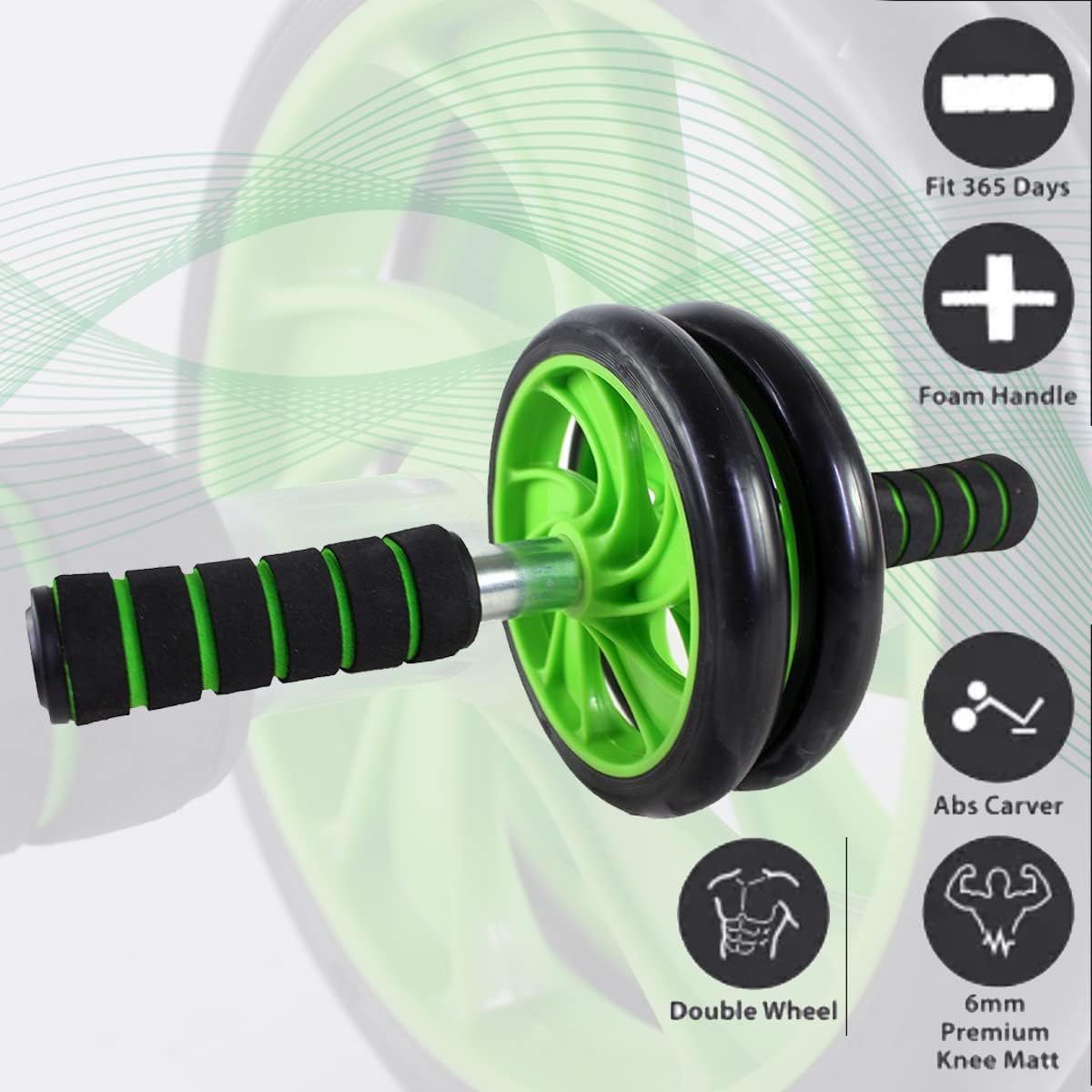 Dual wheel ab roller features: foam handles, double wheel and a 6 mm knee mat