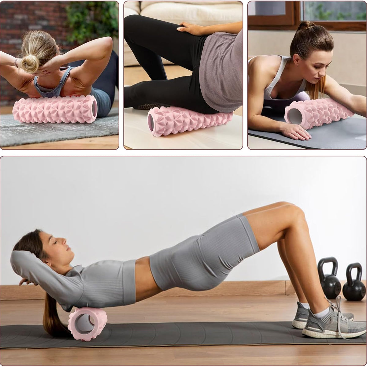 Trigger point foam roller used on the upper back, hips, calves and quads