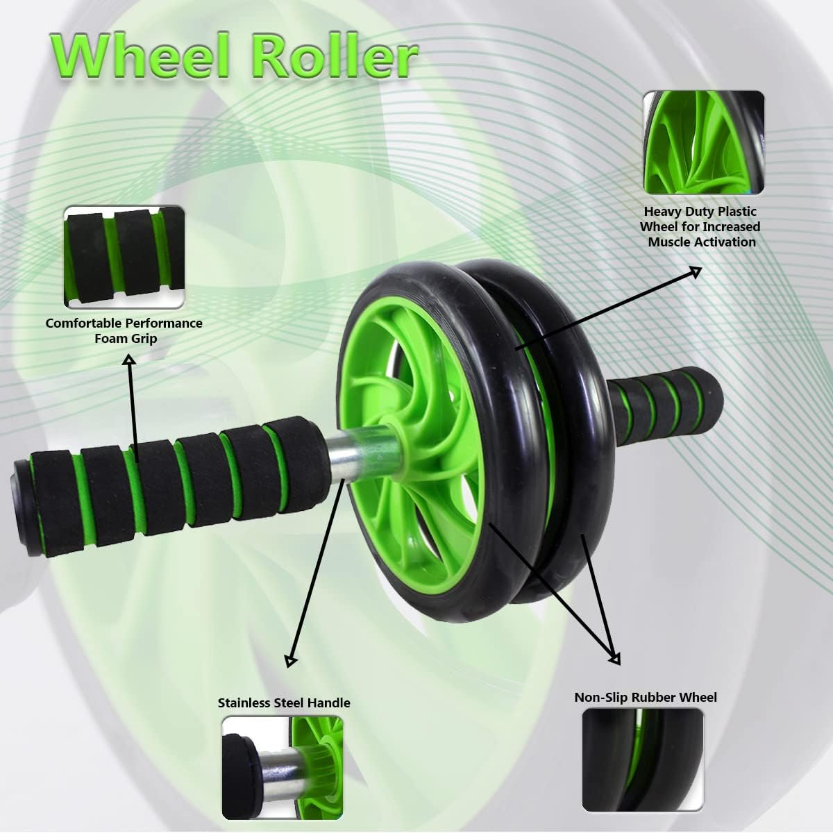 Dual wheel ab roller parts: foam grip, stainless steel handle and non-slip rubber wheels