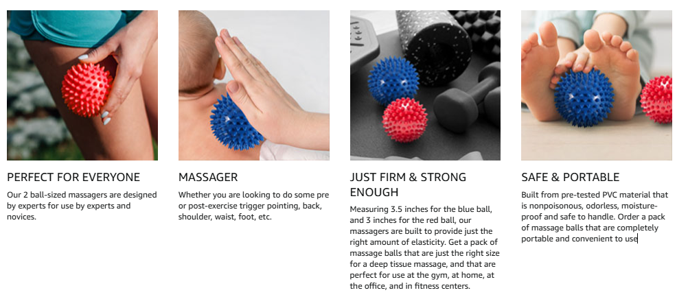 Usage panel: the spiky massage balls for exercise, massage, joint and muscle relief, and travel.