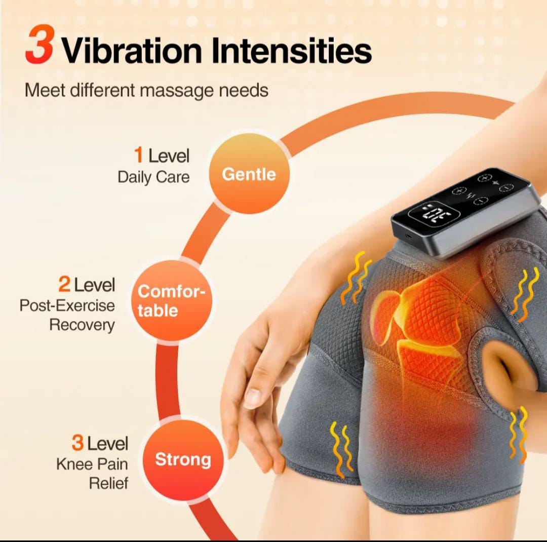 Three vibration intensities panel: daily care, post-exercise recovery and knee pain relief.