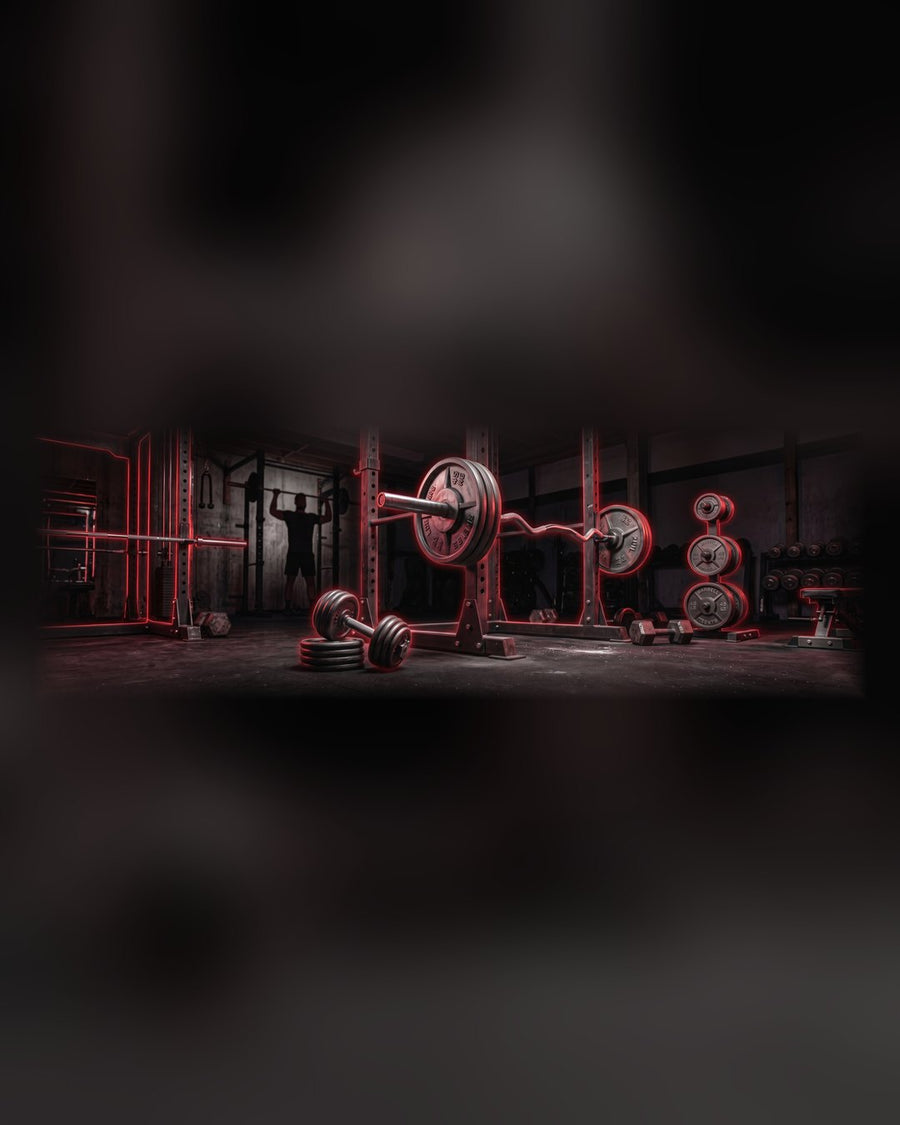 A dark gym lit in red: a loaded barbell on a squat rack, dumbbells and weight plates on the floor, a lifter pressing overhead behind.