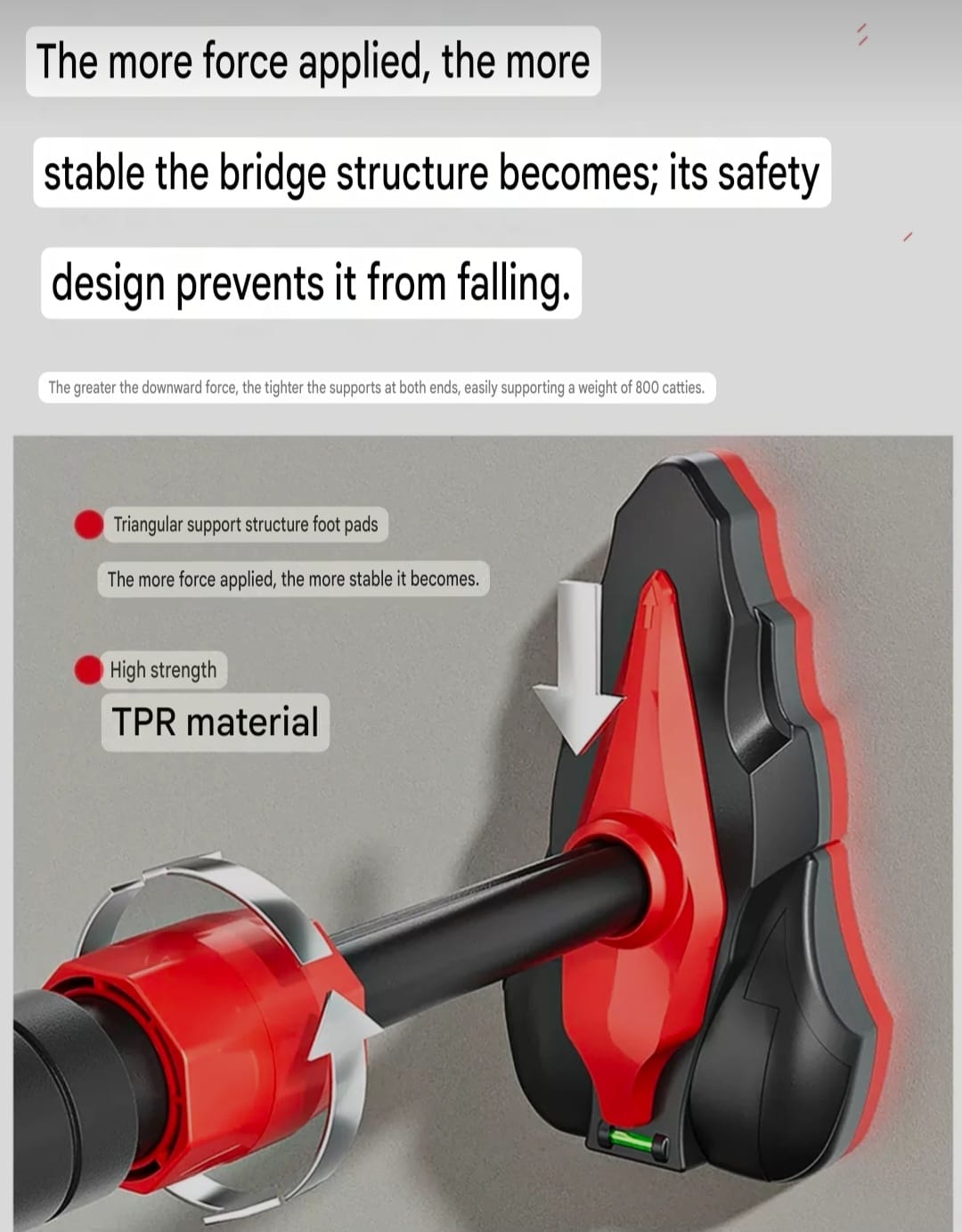 Feature panel: the harder you pull down, the tighter the triangular TPR foot pads press into the wall.