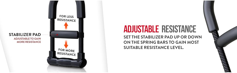 Stabiliser pad and adjustable resistance detail on the forearm exerciser.