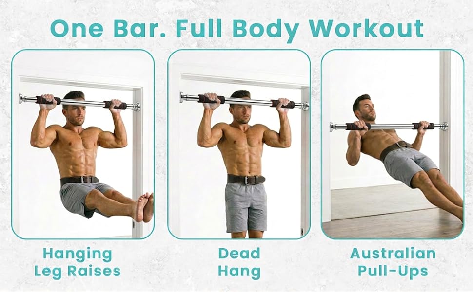 One bar, full body workout panel: hanging leg raises, dead hang and Australian pull-ups.