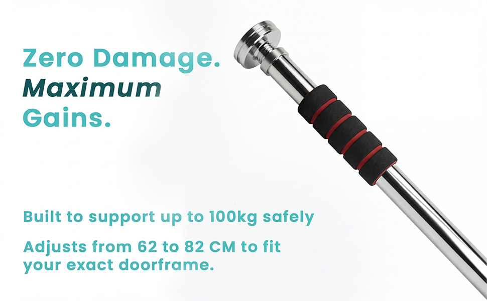 Zero damage, maximum gains panel: the bar supports up to 100 kg and adjusts from 62 to 82 cm.
