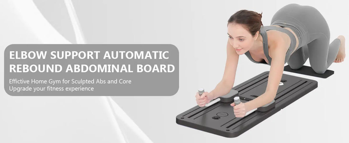 Elbow support automatic rebound abdominal board shown with a woman planking on it.
