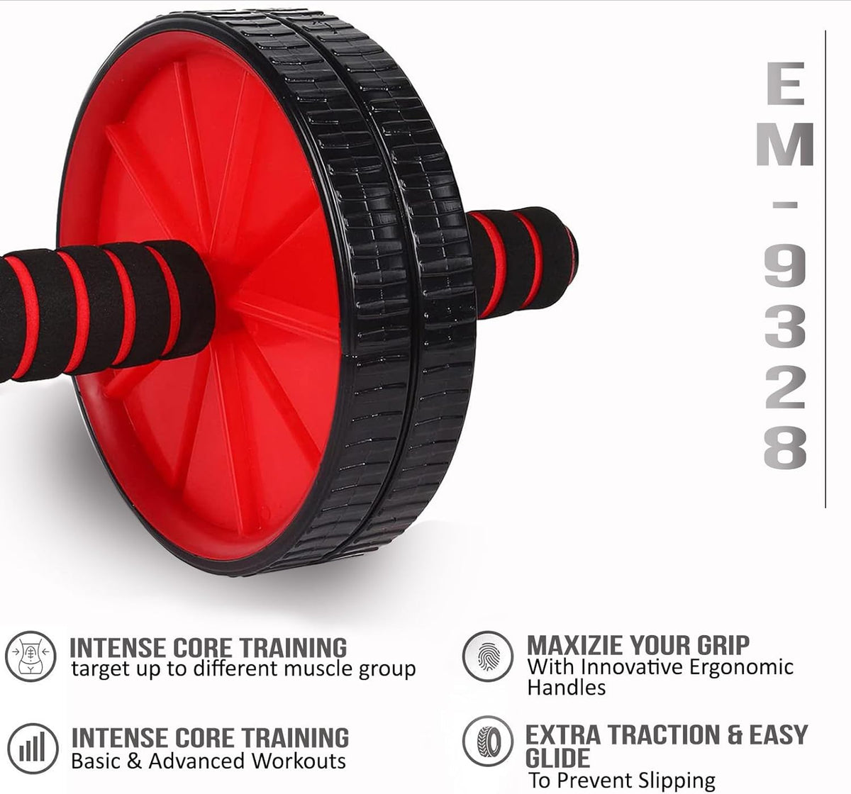Intense core training panel: the ab roller targets different muscle groups with an ergonomic handle and extra traction.