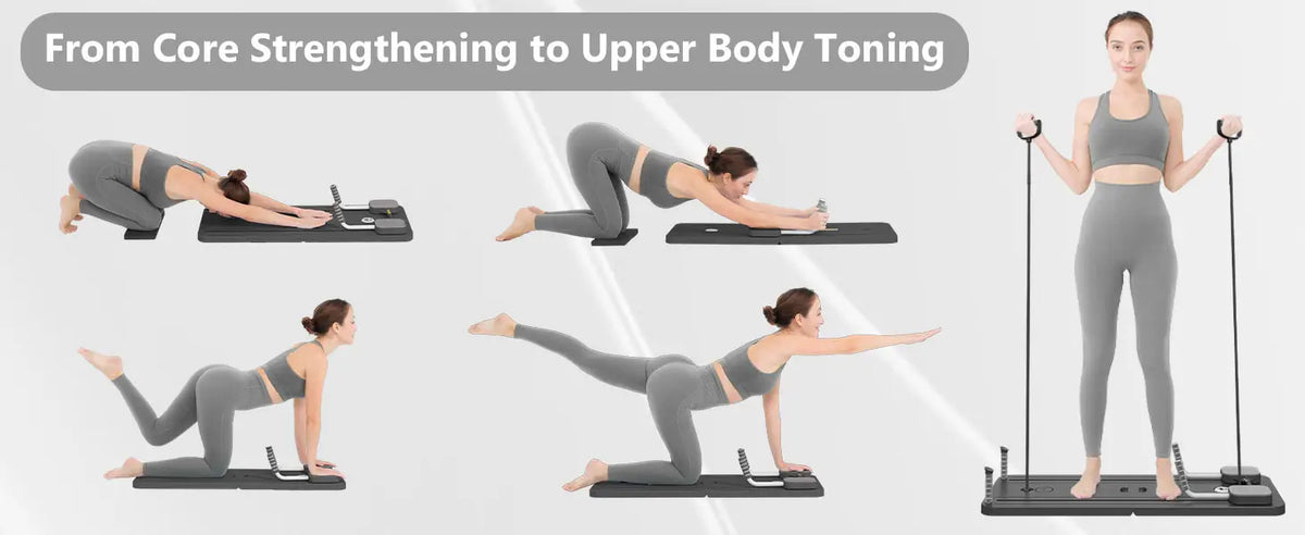 From core strengthening to upper body toning panel showing four exercises on the Pilates board.