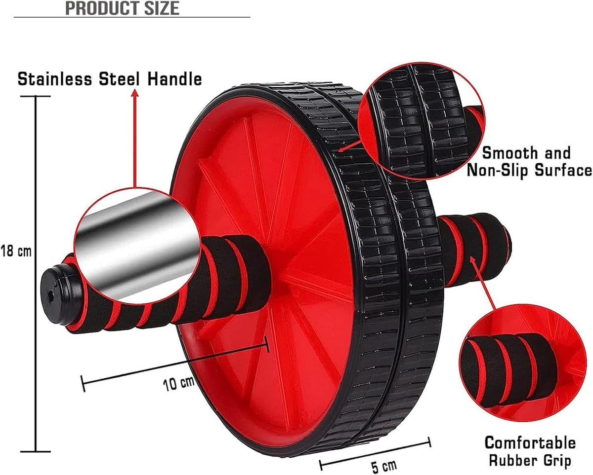 Product size panel: the ab roller with a stainless steel handle, smooth non-slip surface and comfortable rubber grip.