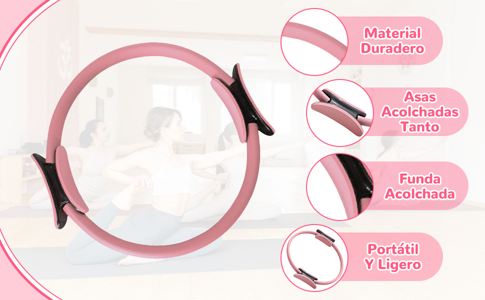 Durable material and comfortable padded grip detail on the pink Pilates ring.