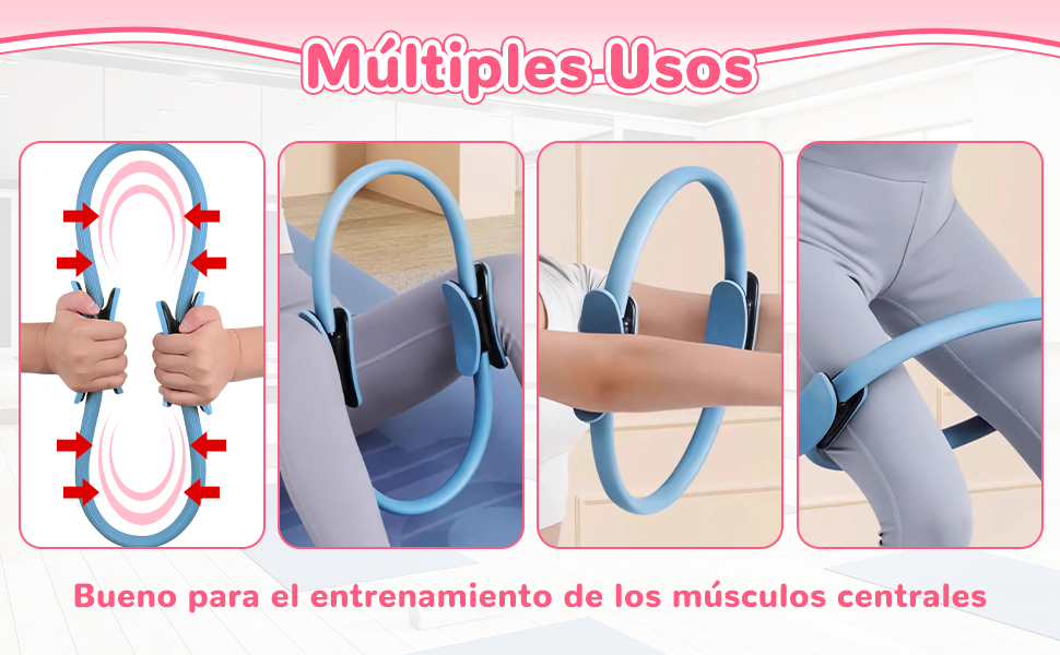 Multiple uses panel showing the Pilates ring in blue, pink and purple.