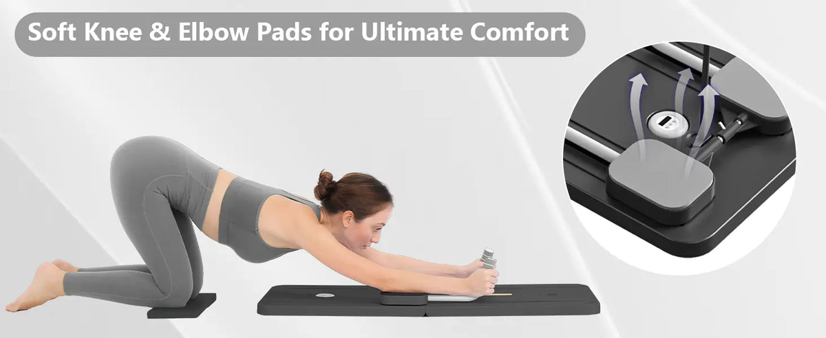 Soft knee and elbow pads for ultimate comfort panel for the Pilates reformer board.