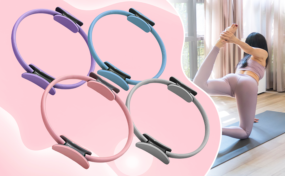 Four Pilates rings in pink, purple, blue and black.