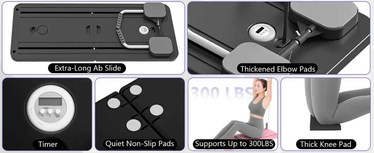 Detail panel: extra long ab slide, thickened elbow pad, timer, quiet non-slip pads and thick knee pad.