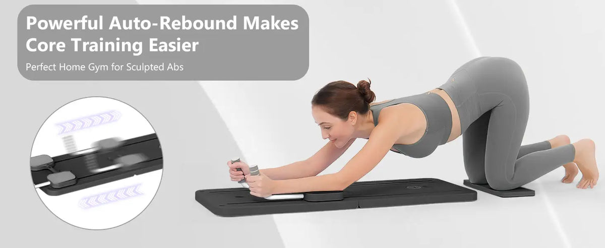 Powerful auto-rebound makes core training easier panel for the Pilates reformer board.