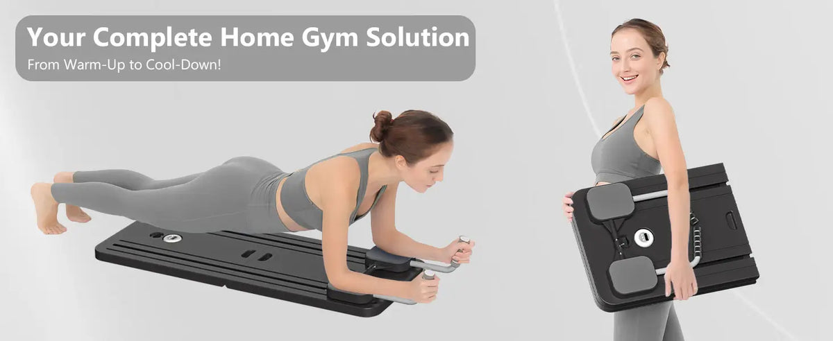 Your complete home gym solution panel showing the Pilates board folded and carried.