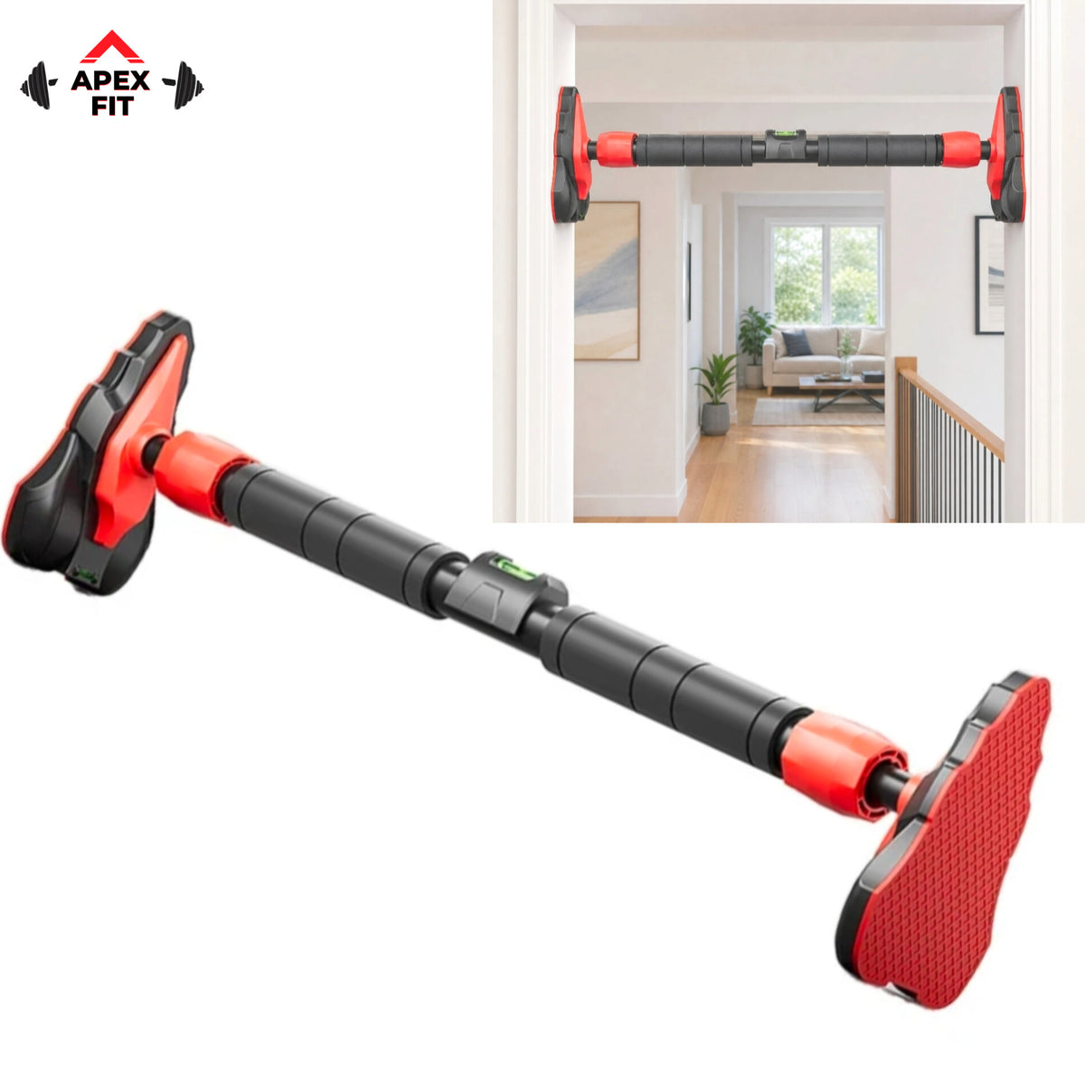 Apex Fit 200kg doorway pull-up bar in black and red, shown fitted across a doorway and again close up with its wide red anti-slip tripod plates.