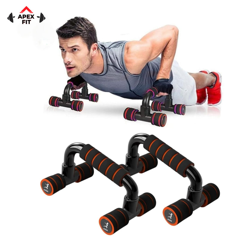 Apex Fit push-up bars in black and orange with foam grips and non-slip bases, shown with a man doing a push-up on them.