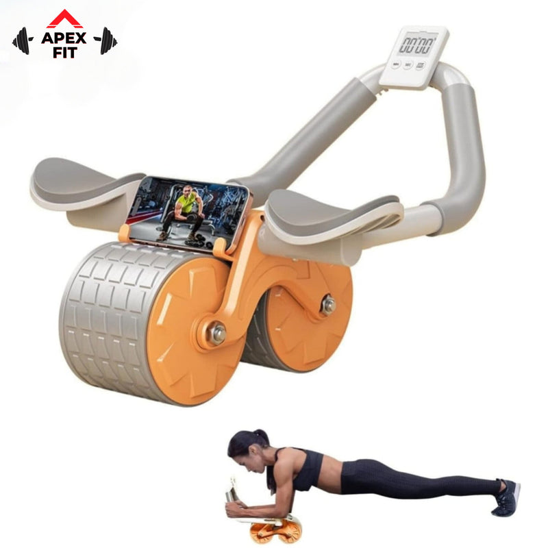 Apex Fit automatic rebound ab roller in orange and white with elbow support pads, a phone holder and an LCD rep counter, shown with a woman planking on it.