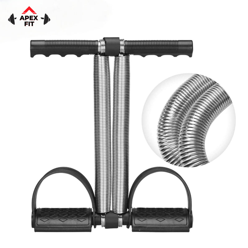 Apex Fit double spring tummy trimmer with two heavy steel springs, a foam handle and non-slip foot pedals.