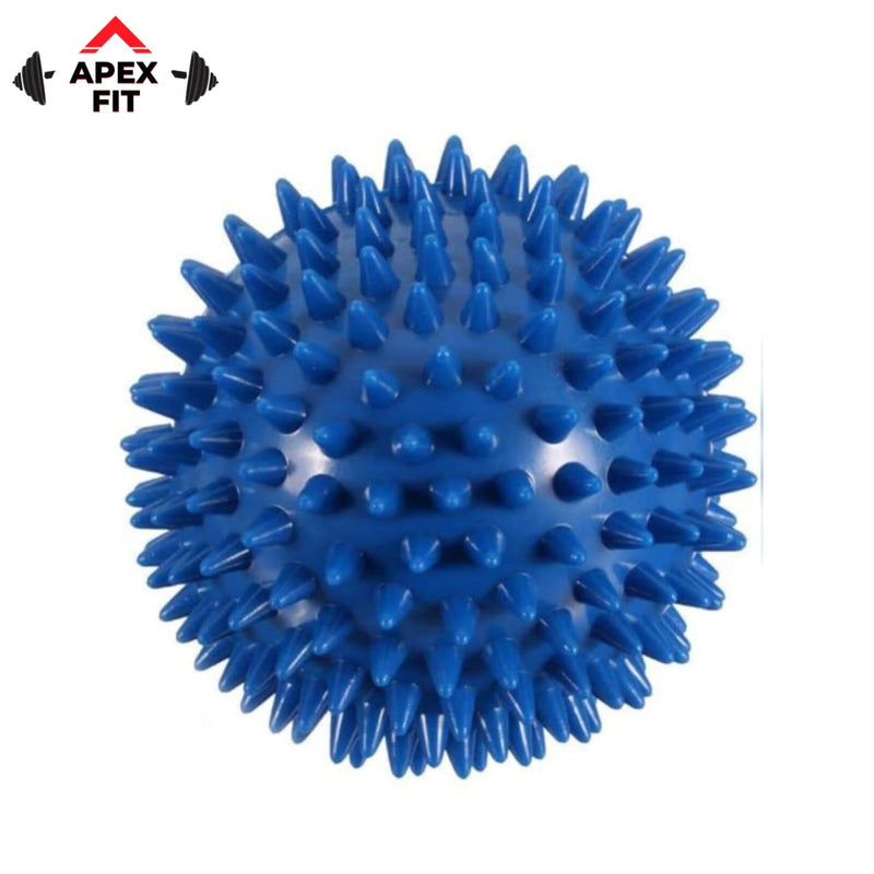 Apex Fit spiky massage ball in blue, a firm acupressure ball for rolling out tight feet, calves and shoulders.
