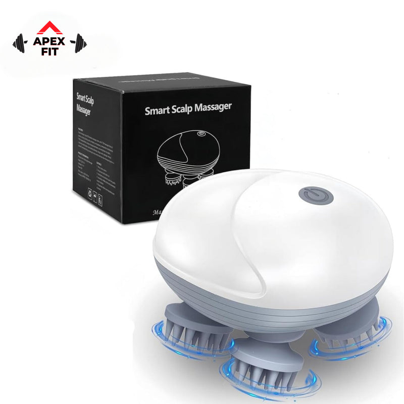 A white and gray smart scalp massager with four brush heads, shown in front of its black retail box. The Apex Fit logo is visible in the top-left corner.