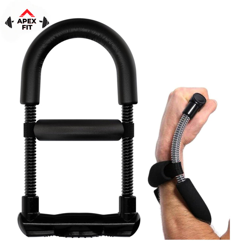 Apex Fit forearm and wrist exerciser in black with a heavy spring and foam grips, shown beside a hand squeezing it.