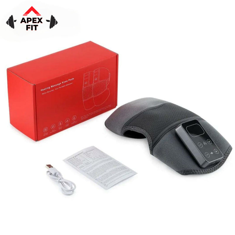 Apex Fit heated knee massager in black with a control panel, shown beside its red box, a USB cable and the instructions.