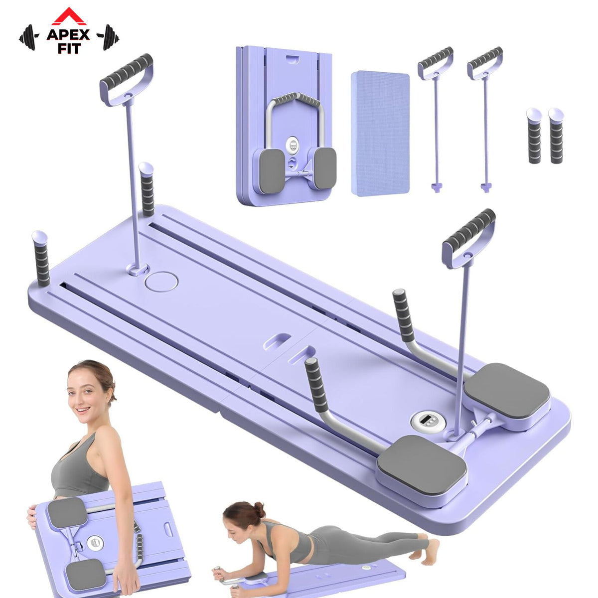Apex Fit portable Pilates reformer board in purple, laid out with its resistance bands, foam handles and mat.