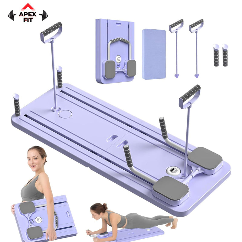 Apex Fit portable Pilates reformer board in light purple, laid out with its resistance bands, foam handles and mat.