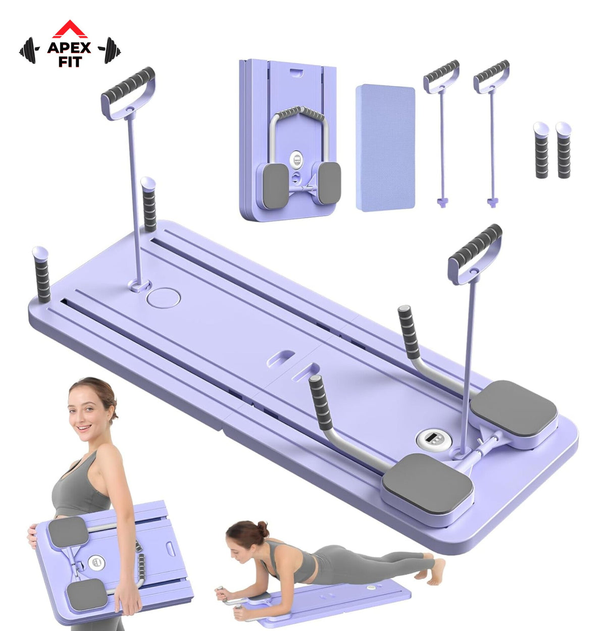 Apex Fit portable Pilates reformer board in light purple, laid out with its resistance bands, foam handles and mat.
