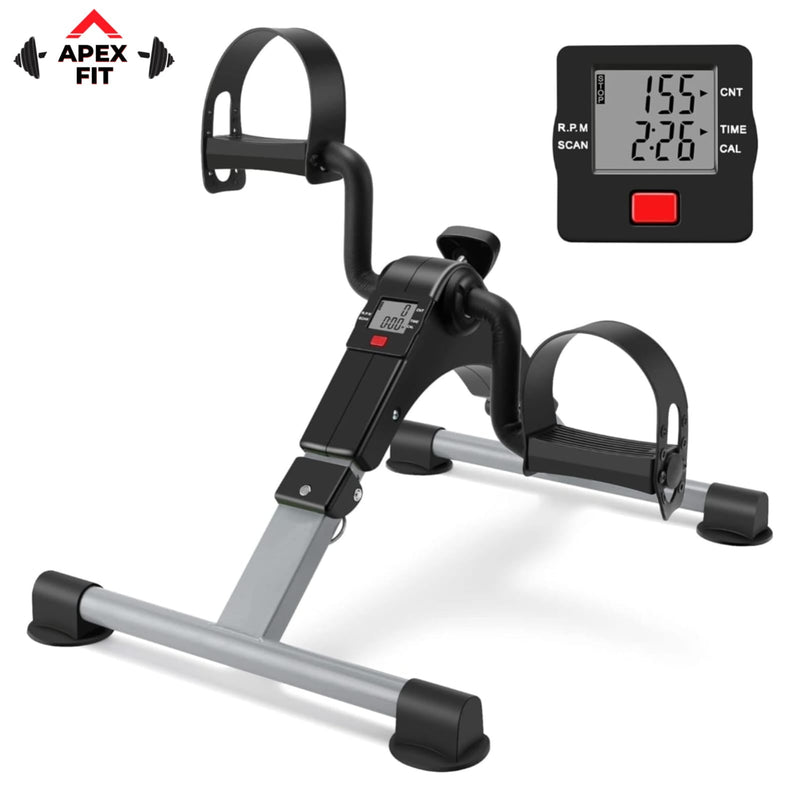 Apex Fit mini exercise bike with an LCD monitor showing time, count, RPM and calories, with non-slip pedals and foot straps.
